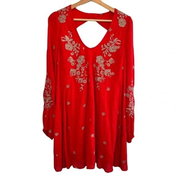 Free People Sweet Tennessee Red Dress. Embroidered mini boho dress. - Picture 4 of 7